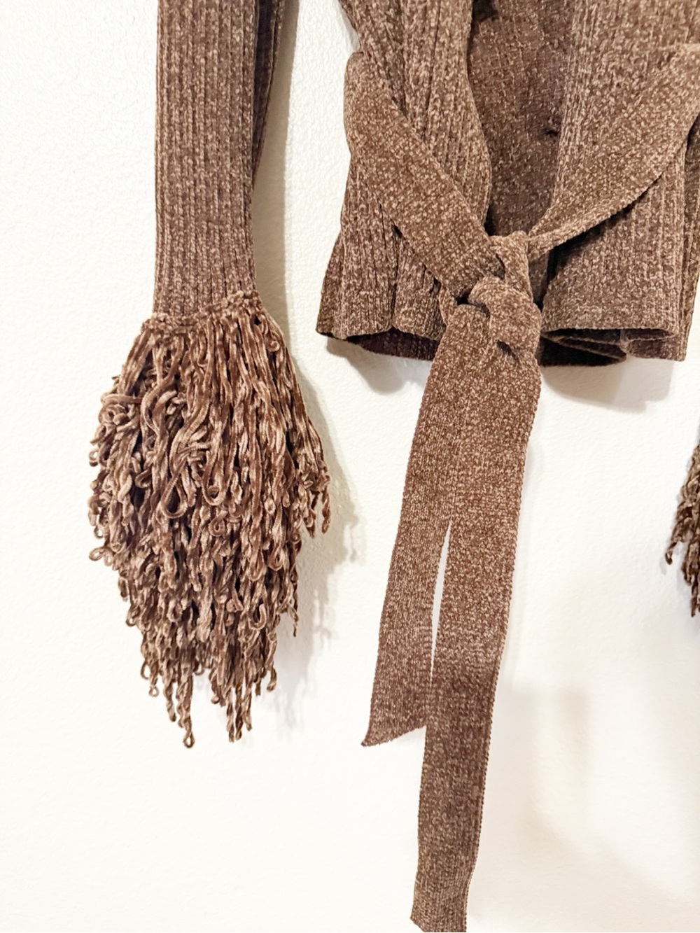 Naked Wardrobe Knit Fringe V-Neck Cardigan Brown Chenille Wrap Size Large - Picture 13 of 13